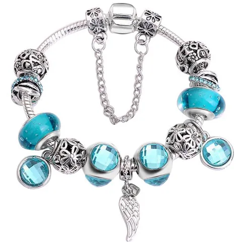 Bracciale da Donna in Lega con Ciondoli di Cristallo Ali Cuore Piuma Perle di Vetro Blu Rosa Viola Catena a Serpente Gioielli