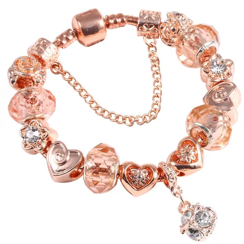 Luxury Rose Gold Beaded Charm Bracelet For Women Heart Flower Pink Crystal Snake Chain Bracelet With Safety Chain Jewelry Gift