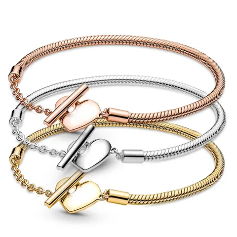 Fashion Heart T-Bar Toggle Clasp Snake Bone Chain Bracelet For Women Gold Silver Rose Gold Plated DIY Jewelry Gift