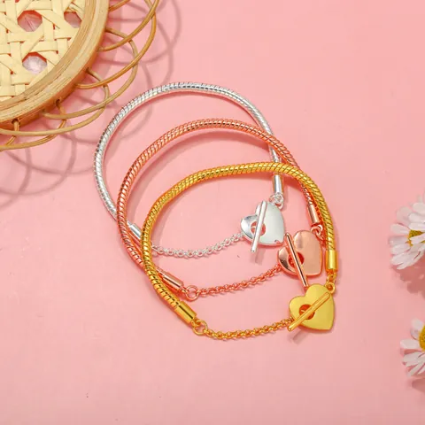 Fashion Heart T-Bar Snake Chain Bracelet For Women Copper Electroplated Gold Silver Rose Gold Trendy Jewelry Gift