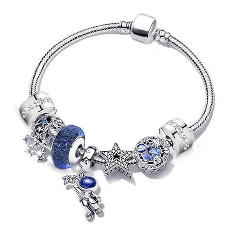 Braccialetto con Ciondoli Galassia Blu Astronauta Pendente Stella Luna Catena a Serpente Placcata Argento Gioielli DIY Donna