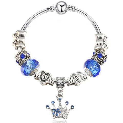 Europäisches Charm Armband Damen Versilbert Legierung Blau Kristall Zirkonia Krone Herz Mom Anhänger Schlangenkette DIY Schmuck Geschenk