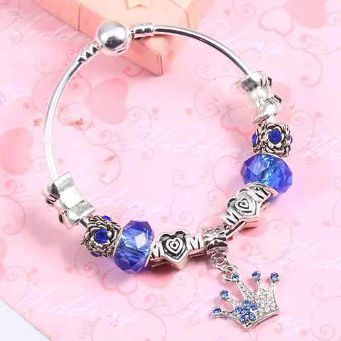 Europäisches Charm Armband Damen Versilbert Legierung Blau Kristall Zirkonia Krone Herz Mom Anhänger Schlangenkette DIY Schmuck Geschenk