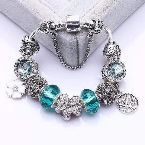 Pulsera de Amuletos DIY para Mujer con Cuentas de Vidrio de Lámpara Colgante Árbol de la Vida Flor Esmalte Cadena Serpente Joyería
