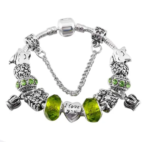 Vintage Alloy Heart Charm Bracelet For Women DIY Large Hole Beads Snake Chain Bracelet With Safety Chain Jewelry Gift I Love You Heart Star Crown Pendants