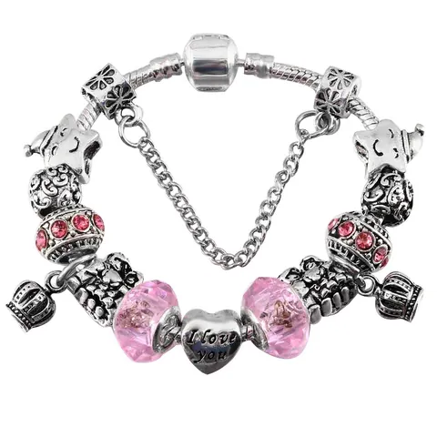 Vintage Alloy Heart Charm Bracelet For Women DIY Large Hole Beads Snake Chain Bracelet With Safety Chain Jewelry Gift I Love You Heart Star Crown Pendants