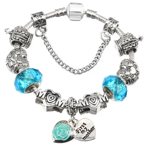 Fashion DIY Alloy Lampwork Glass Charm Bracelet Heart Crown Rose Pendant Snake Chain Mother Day Gift Jewelry For Women