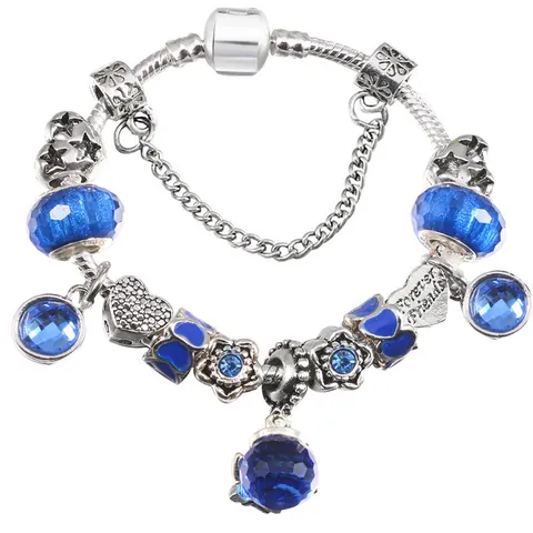 Women DIY Beaded Bracelet with Heart Star Flower Charms and Forever Friends Pendant Silver Snake Chain Fashion Jewelry Gift