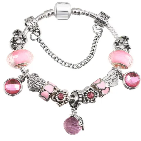 Women DIY Beaded Bracelet with Heart Star Flower Charms and Forever Friends Pendant Silver Snake Chain Fashion Jewelry Gift