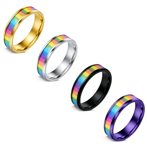 Unisex Rainbow Titanium Steel Ring Fashion Polished Jewelry For Couples Pride Theme Band Ring Gift