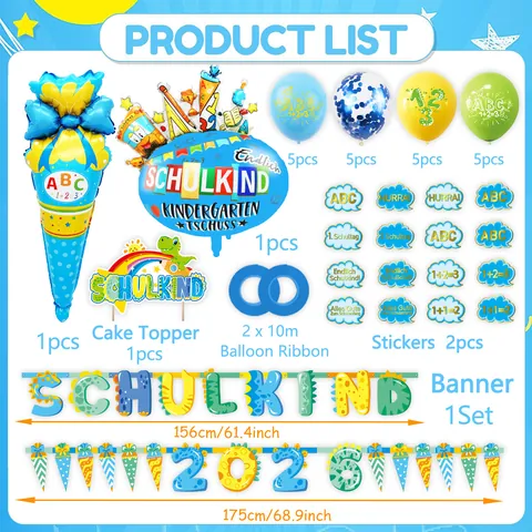 Set di Decorazioni per la Festa del Ritorno a Scuola in Tedesco Tema Dinosauro Schulkind Banner Palloncini in Lattice Topper per Torte