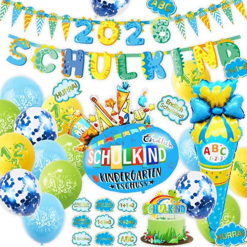 Set di Decorazioni per la Festa del Ritorno a Scuola in Tedesco Tema Dinosauro Schulkind Banner Palloncini in Lattice Topper per Torte