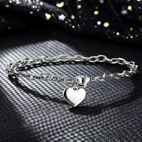 Pulsera con Colgante de Corazón de Acero Inoxidable para Mujer Pulsera de Cadena de Eslabones Redondos de Moda Simple Joyas