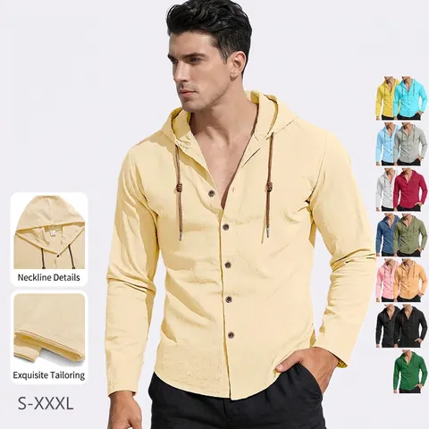 Heren Overhemd Met Capuchon 100% Katoen Linnen Look Lange Mouwen Button Down Strand Vakantie Ademende Top