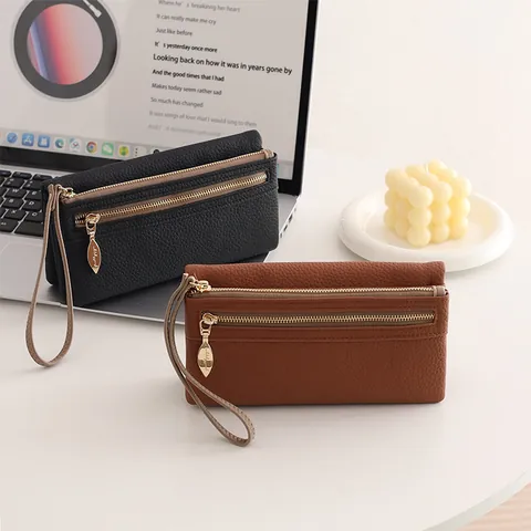 Damen Lange Geldbörse PU Leder Schachbrettmuster Große Kapazität Viele Kartenfächer Handheld Clutch Mit Handschlaufe