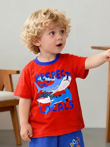 Maglietta a Maniche Corte in Cotone da Ragazzo Estate Stampa Squalo Girocollo Traspirante Top Casual Abbigliamento Bambino