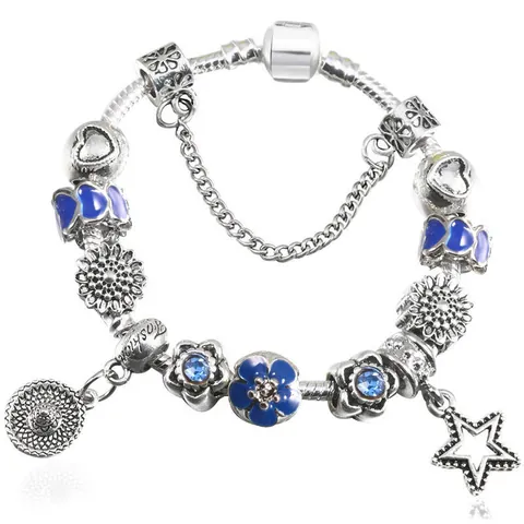 DIY Charm Bracelet For Women Alloy Enamel Daisy Flower Heart Star Pendant Snake Chain Fashion Jewelry Gift Silver Plated