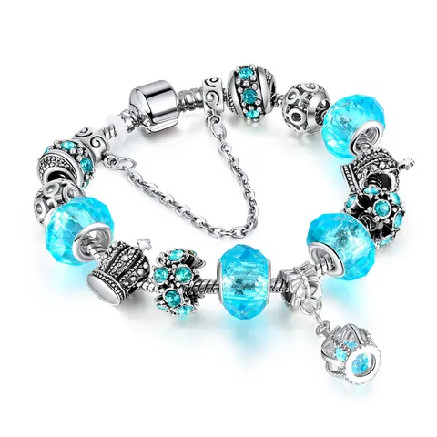 Silver Plated Alloy Austrian Crystal Crown Charm Bracelet For Women Rhinestone Heart Pendant Snake Chain Jewelry Gift