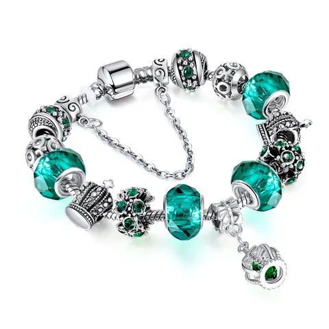 Silver Plated Alloy Austrian Crystal Crown Charm Bracelet For Women Rhinestone Heart Pendant Snake Chain Jewelry Gift