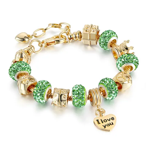 Luxury Gold Plated Alloy Charm Bracelet With I Love You Heart Crown Pendant Rhinestone Crystal Beads For Women Jewelry Gift
