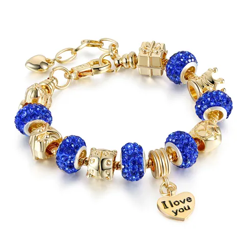 Luxury Gold Plated Alloy Charm Bracelet With I Love You Heart Crown Pendant Rhinestone Crystal Beads For Women Jewelry Gift