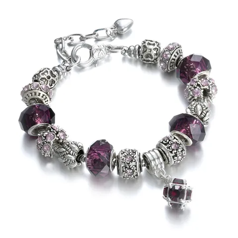 Vintage DIY Beaded Charm Bracelet Alloy Silver Plated With Lampwork Glass Crystal Heart Pendant Snake Chain Jewelry For Women