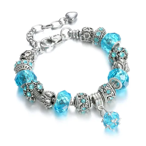 Vintage DIY Beaded Charm Bracelet Alloy Silver Plated With Lampwork Glass Crystal Heart Pendant Snake Chain Jewelry For Women