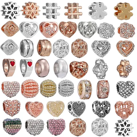 DIY Alloy Rhinestone Heart Flower Snowflake Beads Charms For Bracelet Jewelry Making Rose Gold Silver Gold Plated Beads