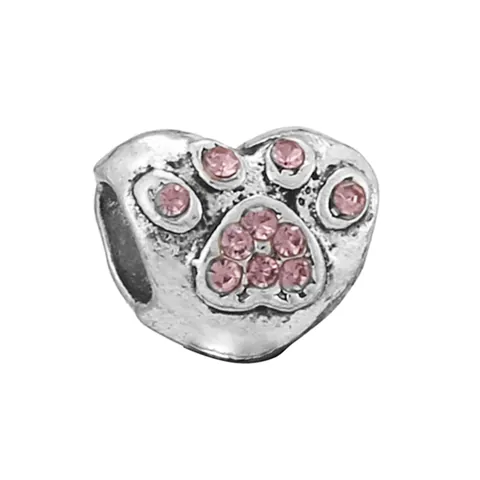 Alloy Heart Paw Print Charm Bead Rhinestone Inlaid Antique Silver DIY Jewelry Accessories For Bracelet Necklace Making Pet Lover Gift