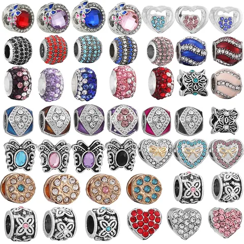 DIY Metal Enamel Heart Butterfly Flower Beads Charms For Bracelet Jewelry Making Rhinestone Inlaid Fashion Accessories For Women