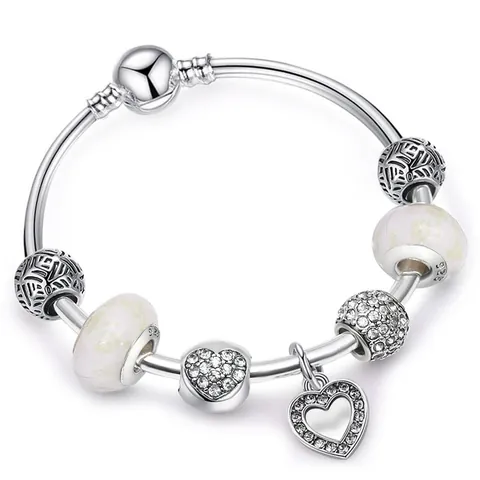 DIY Beaded Bracelet For Women Silver Plated Alloy Heart Pendant Glass Beads Snake Bone Chain Fashion Jewelry Gift For Her