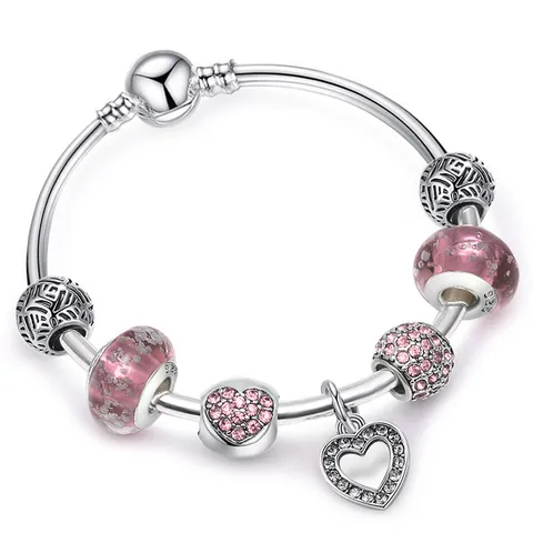 DIY Beaded Bracelet For Women Silver Plated Alloy Heart Pendant Glass Beads Snake Bone Chain Fashion Jewelry Gift For Her