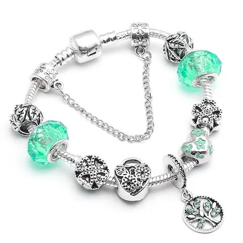 Βραχιόλι Charm Δέντρο της Ζωής με Κρύσταλλο για Γυναίκες Ασημί Αλυσίδα Φίδι DIY Τριφύλλι Καρδιά Χάντρες Σμάλτου Κόσμημα Δώρο