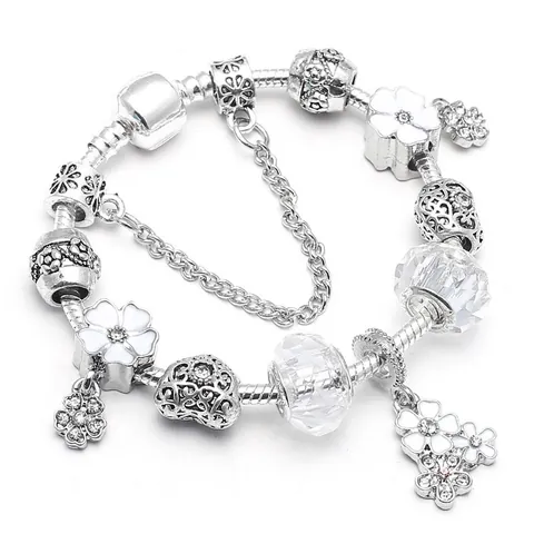 Sweet Alloy Silver Plated Beaded Bracelet For Women Romantic Enamel Floral Heart Charm Snake Chain Bracelet With Rhinestone