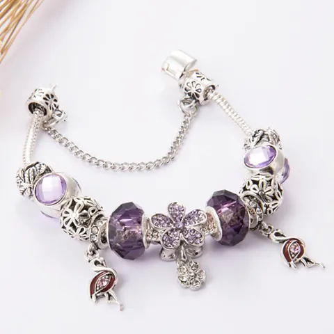 Purple Crystal Bead Charm Bracelet With Flamingo Pendant Alloy Snake Chain Safety Chain Fashion Jewelry For Women Gift