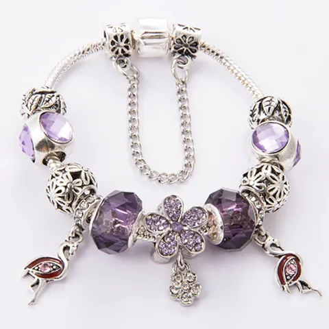 Purple Crystal Bead Charm Bracelet With Flamingo Pendant Alloy Snake Chain Safety Chain Fashion Jewelry For Women Gift