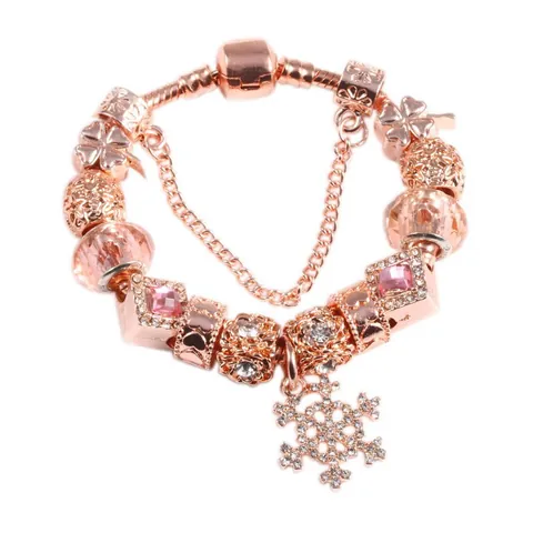 Rose Gold Plated Alloy Snowflake Charm Bracelet With Pink Crystal Beads Heart Clover Pendant For Women Fashion Jewelry
