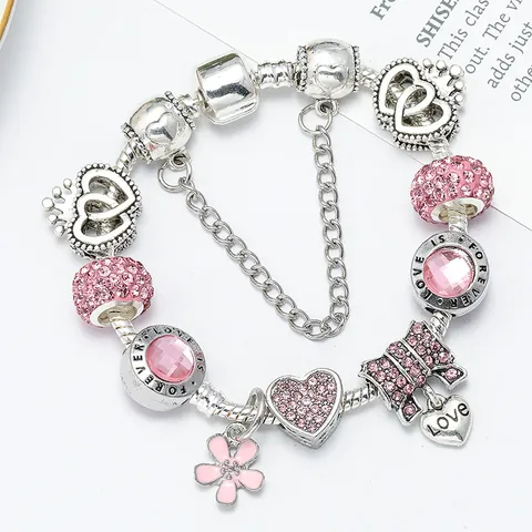 Romantic Heart Flower DIY Charm Bracelet Women Silver Tone Alloy Rhinestone Enamel Pendant Snake Chain Jewelry Gift