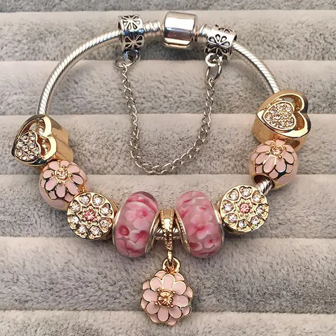 Luxus Legierung Rosa Lampwork Glas Herz Blume Anhänger Charm Armband Mit Sicherheitskette Für Damen Romantische Mode Perlen Schmuck Geschenk