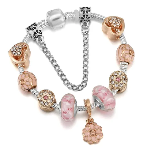 Luxus Legierung Rosa Lampwork Glas Herz Blume Anhänger Charm Armband Mit Sicherheitskette Für Damen Romantische Mode Perlen Schmuck Geschenk