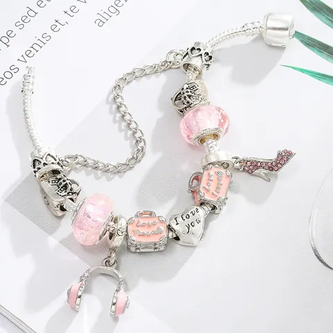 Mode Reisen Thema Charm Armband Rosa Glasperlen Koffer High Heels Herz Anhänger Legierung Schlangenkette Schmuck Für Damen