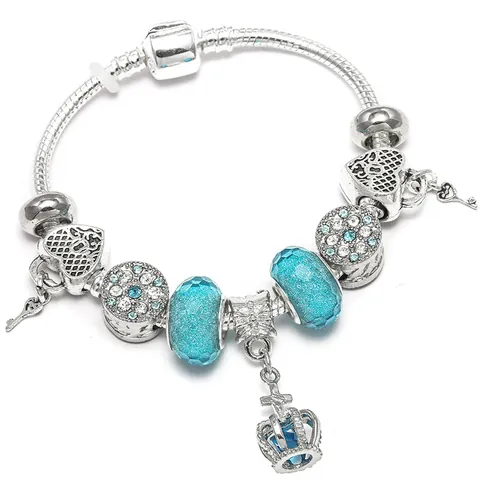 Pulsera de Abalorios de Aleación Plateada para Mujer Con Cuentas Azules Colgantes de Corazón Llave Corona Cadena de Serpiente Joyería de Moda Regalo