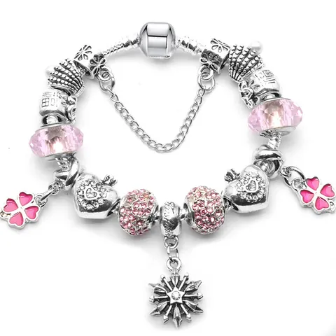 DIY Charm Bracelet For Women Silver Plated Alloy Snake Chain With Heart Clover Snowflake Star Charms Romantic Jewelry Gift