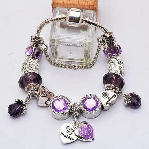 Silver Plated Alloy Charm Bracelet Heart Daughter First My Mother Letter Pendants Crystal Enamel Rose Jewelry Gifts For Women