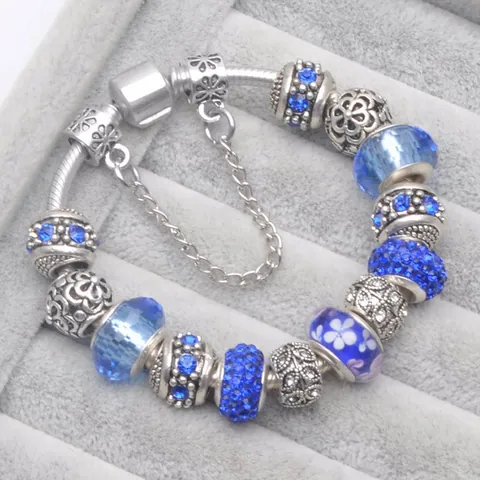 Women's Fashion Charm Beaded Bracelet Heart Floral Glass Beads Alloy Snake Chain Bracelet Jewelry Anniversary Gift Accessories