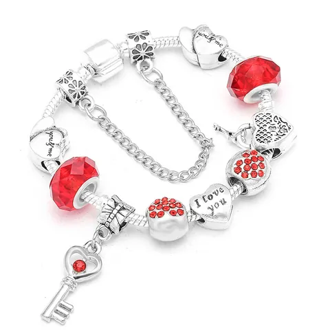 Pulsera de Dijes de Corazón Romántica para Mujer Abalorios Rojos DIY Cadena de Serpiente con Colgante de Llave I Love You Joyería de Aleación Regalo