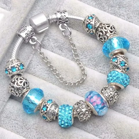 Women's Fashion Charm Beaded Bracelet Heart Floral Glass Beads Alloy Snake Chain Bracelet Jewelry Anniversary Gift Accessories