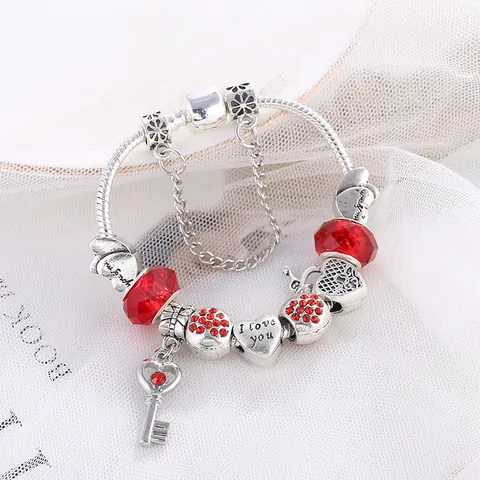 Pulsera de Dijes de Corazón Romántica para Mujer Abalorios Rojos DIY Cadena de Serpiente con Colgante de Llave I Love You Joyería de Aleación Regalo