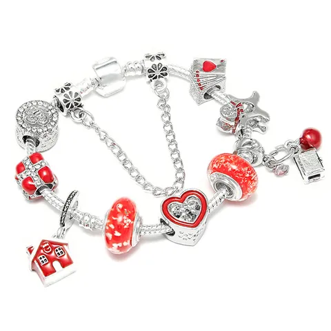 Alloy Enamel Snowman Charm Bracelet Red Heart House Gift Box DIY Snake Chain Winter Christmas Holiday Jewelry Gift For Women