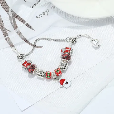 Braccialetto con Charms Natalizi in Lega e Smalto con Ciondoli Babbo Natale e Albero di Natale Catena a Ossa di Serpente Gioielli alla Moda Regalo Donna